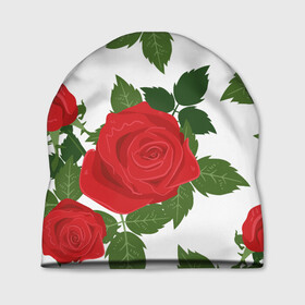 Шапка 3D с принтом Большие розы , 100% полиэстер | универсальный размер, печать по всей поверхности изделия | арт | белый | большие бутоны | большие розы | большой бутон | зелёный | красная роза | красные розы | красные цветы | красный | красный цветок | листок | листья | поле | поле цветов | рисунок | роза