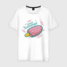 Мужская футболка хлопок с принтом Сладкое лето , 100% хлопок | прямой крой, круглый вырез горловины, длина до линии бедер, слегка спущенное плечо. | ice cream | summer | лето | мороженка | эскимо