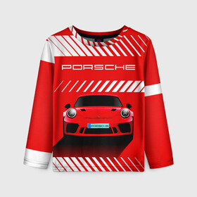 Детский лонгслив 3D с принтом PORSCHE / ПОРШЕ / RED STYLE , 100% полиэстер | длинные рукава, круглый вырез горловины, полуприлегающий силуэт
 | 911 | auto | carrera | cayenne | macan | porsche | sportcar | taycan | автомобиль | градиент. | каен | карера | красный | макан | полосы | порш | порше | спорт | спорткар | тайкан