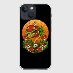 Чехол для iPhone 13 mini с принтом Цветок грибы зомби ,  |  | Тематика изображения на принте: zombie | гриб | зомби | луна | поганка | психоделика | череп