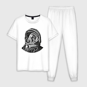 Мужская пижама хлопок с принтом Поехали Ю.Г. , 100% хлопок | брюки и футболка прямого кроя, без карманов, на брюках мягкая резинка на поясе и по низу штанин
 | moon | арт | гагарин | день космонавтики | звезды | космонавт | космос | лого | луна | небо | планеты
