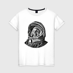 Женская футболка хлопок с принтом Поехали Ю.Г. , 100% хлопок | прямой крой, круглый вырез горловины, длина до линии бедер, слегка спущенное плечо | moon | арт | гагарин | день космонавтики | звезды | космонавт | космос | лого | луна | небо | планеты