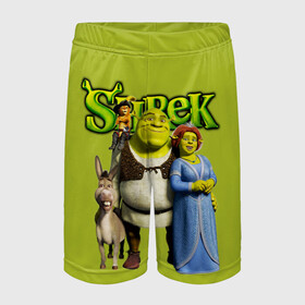 Детские спортивные шорты 3D с принтом Шрек/Shrek ,  100% полиэстер
 | пояс оформлен широкой мягкой резинкой, ткань тянется
 | Тематика изображения на принте: cartoon | fiona | shrek | болото | детям | комедия | кот в сапогах | мультик | огр | осел | персонажи мультфильмов | тролль | фиона | шрек