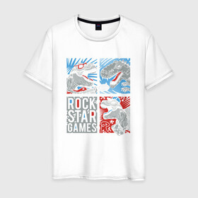 Мужская футболка хлопок с принтом Rock Star Dino Динозавр геймер , 100% хлопок | прямой крой, круглый вырез горловины, длина до линии бедер, слегка спущенное плечо. | dino | games | roar | rock | rock star | t rex | дино | динозавр | динозавры | рок | рокер