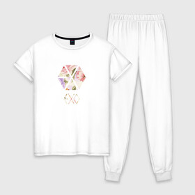 Женская пижама хлопок с принтом EXO , 100% хлопок | брюки и футболка прямого кроя, без карманов, на брюках мягкая резинка на поясе и по низу штанин | exo | k pop | логотип | минимализм | розы | цветы