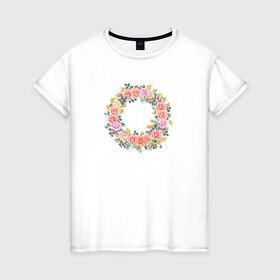 Женская футболка хлопок с принтом Цветочный Венок , 100% хлопок | прямой крой, круглый вырез горловины, длина до линии бедер, слегка спущенное плечо | растение | рисунок | розы | цветочный венок | цветы