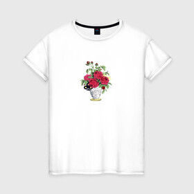 Женская футболка хлопок с принтом Розы в вазе , 100% хлопок | прямой крой, круглый вырез горловины, длина до линии бедер, слегка спущенное плечо | ваза | растение | рисунок | розы | розы в вазе | цветы