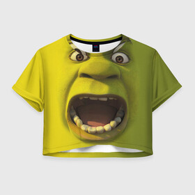 Женская футболка Crop-top 3D с принтом Shrek Шрек , 100% полиэстер | круглая горловина, длина футболки до линии талии, рукава с отворотами | 20 | 4к | boots | cat | donkey | fiona | green | in | me | meme | memes | once | shrek | somebody | told | в | зеленый | кот | лет | мем | мемы | мульт | мультфильм | огр | огры | осел | сапогах | фиона | шрек