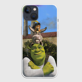 Чехол для iPhone 13 с принтом Шрек, Кот и Осёл ,  |  | 20 | 4к | boots | cat | donkey | fiona | green | in | me | meme | memes | once | shrek | somebody | told | в | зеленый | кот | лет | мем | мемы | мульт | мультфильм | огр | огры | осел | сапогах | фиона | шрек