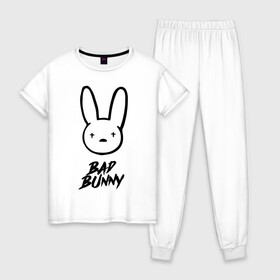 Женская пижама хлопок с принтом Bad Bunny лого , 100% хлопок | брюки и футболка прямого кроя, без карманов, на брюках мягкая резинка на поясе и по низу штанин | Тематика изображения на принте: bad bunny | benito antonio martnez ocasio | hip hop | latin trap | logo | music | rap | rnb | singer | star | бенито антонио мартинес окасио | звезда | латинский трэп | логотип | музыка | певец | рнб | рэп | хип хоп