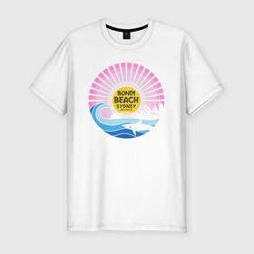 Мужская футболка хлопок Slim с принтом Bondi Beach Sydney , 92% хлопок, 8% лайкра | приталенный силуэт, круглый вырез ворота, длина до линии бедра, короткий рукав | bondi | sydney | акула | восход | закат | море | отдых | пляж | рассвет | сидней | турист