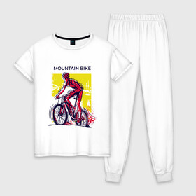 Женская пижама хлопок с принтом Mountain Bike велосипедист , 100% хлопок | брюки и футболка прямого кроя, без карманов, на брюках мягкая резинка на поясе и по низу штанин | bicycle sport | bmx | country | cross | extreme | flatland | track | байк | велокросс | велосипедный спорт | горный велосипед | кросс | кросс кантри | трайк | трек | триал | флэтлэнд | фрирайд | шоссейные велоспорт
