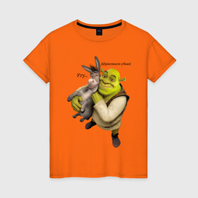 Женская футболка хлопок с принтом Shrek-Donkey , 100% хлопок | прямой крой, круглый вырез горловины, длина до линии бедер, слегка спущенное плечо | dreamworks | shrek | арт | лого | мультфильм | постер | шрек