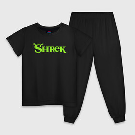 Детская пижама хлопок с принтом Shrek | Logo (Z) , 100% хлопок |  брюки и футболка прямого кроя, без карманов, на брюках мягкая резинка на поясе и по низу штанин
 | Тематика изображения на принте: dreamworks | logo | shrek | зелёный огр | мульт | мультфильм | приключения