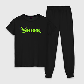 Женская пижама хлопок с принтом Shrek | Logo (Z) , 100% хлопок | брюки и футболка прямого кроя, без карманов, на брюках мягкая резинка на поясе и по низу штанин | dreamworks | logo | shrek | зелёный огр | мульт | мультфильм | приключения