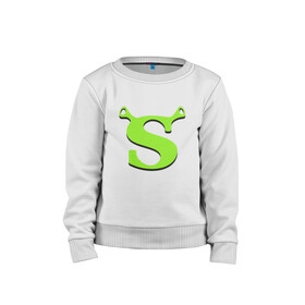 Детский свитшот хлопок с принтом Shrek Logo (+спина) (Z) , 100% хлопок | круглый вырез горловины, эластичные манжеты, пояс и воротник | Тематика изображения на принте: dreamworks | shrek | зелёный огр | мульт | мультфильм | приключения