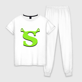 Женская пижама хлопок с принтом Shrek Logo (+спина) (Z) , 100% хлопок | брюки и футболка прямого кроя, без карманов, на брюках мягкая резинка на поясе и по низу штанин | dreamworks | shrek | зелёный огр | мульт | мультфильм | приключения