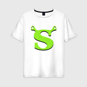 Женская футболка хлопок Oversize с принтом Shrek Logo (+спина) (Z) , 100% хлопок | свободный крой, круглый ворот, спущенный рукав, длина до линии бедер
 | dreamworks | shrek | зелёный огр | мульт | мультфильм | приключения