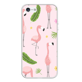 Чехол для iPhone 5/5S матовый с принтом Фламинго , Силикон | Область печати: задняя сторона чехла, без боковых панелей | Тематика изображения на принте: pink flamingo | листья | птицы | фламинго | цветы