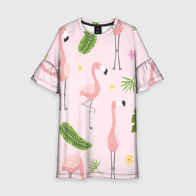 Детское платье 3D с принтом Фламинго , 100% полиэстер | прямой силуэт, чуть расширенный к низу. Круглая горловина, на рукавах — воланы | pink flamingo | листья | птицы | фламинго | цветы