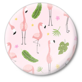 Значок с принтом Фламинго ,  металл | круглая форма, металлическая застежка в виде булавки | pink flamingo | листья | птицы | фламинго | цветы