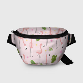 Поясная сумка 3D с принтом Фламинго , 100% полиэстер | плотная ткань, ремень с регулируемой длиной, внутри несколько карманов для мелочей, основное отделение и карман с обратной стороны сумки застегиваются на молнию | pink flamingo | листья | птицы | фламинго | цветы