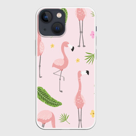 Чехол для iPhone 13 mini с принтом Фламинго ,  |  | pink flamingo | листья | птицы | фламинго | цветы