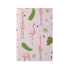 Обложка для паспорта матовая кожа с принтом Фламинго , натуральная матовая кожа | размер 19,3 х 13,7 см; прозрачные пластиковые крепления | pink flamingo | листья | птицы | фламинго | цветы