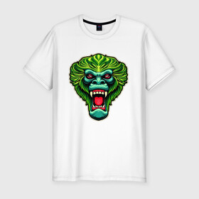 Мужская футболка хлопок Slim с принтом Злая зеленая обезьяна , 92% хлопок, 8% лайкра | приталенный силуэт, круглый вырез ворота, длина до линии бедра, короткий рукав | Тематика изображения на принте: агрессия | зеленая | злая | зубы | обезьяна | оскал