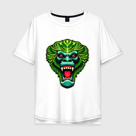 Мужская футболка хлопок Oversize с принтом Злая зеленая обезьяна , 100% хлопок | свободный крой, круглый ворот, “спинка” длиннее передней части | агрессия | зеленая | злая | зубы | обезьяна | оскал