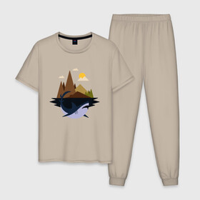 Мужская пижама хлопок с принтом Abstract Geometry Shark Island , 100% хлопок | брюки и футболка прямого кроя, без карманов, на брюках мягкая резинка на поясе и по низу штанин
 | Тематика изображения на принте: art | fish | geometric print | minimal | minimalism | minimalist | mountains | абстрактный принт | абстрактный рисунок | абстракция | акула | акулий остров | акулы | арт | геометрический принт | геометрический рисунок | горы