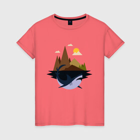 Женская футболка хлопок с принтом Abstract Geometry Shark Island , 100% хлопок | прямой крой, круглый вырез горловины, длина до линии бедер, слегка спущенное плечо | art | fish | geometric print | minimal | minimalism | minimalist | mountains | абстрактный принт | абстрактный рисунок | абстракция | акула | акулий остров | акулы | арт | геометрический принт | геометрический рисунок | горы