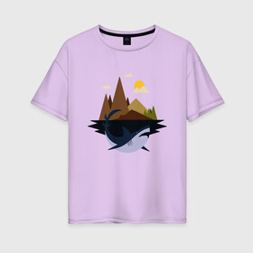 Женская футболка хлопок Oversize с принтом Abstract Geometry Shark Island , 100% хлопок | свободный крой, круглый ворот, спущенный рукав, длина до линии бедер
 | art | fish | geometric print | minimal | minimalism | minimalist | mountains | абстрактный принт | абстрактный рисунок | абстракция | акула | акулий остров | акулы | арт | геометрический принт | геометрический рисунок | горы