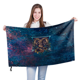 Флаг 3D с принтом Космос баран и цветы , 100% полиэстер | плотность ткани — 95 г/м2, размер — 67 х 109 см. Принт наносится с одной стороны | баран | гороскоп | космос | овен | овца | психоделика | цветы