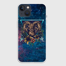 Чехол для iPhone 13 с принтом Космос, баран и цветы ,  |  | Тематика изображения на принте: баран | гороскоп | космос | овен | овца | психоделика | цветы