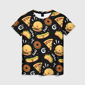 Женская футболка 3D с принтом Фастфуд , 100% полиэфир ( синтетическое хлопкоподобное полотно) | прямой крой, круглый вырез горловины, длина до линии бедер | burger | cheese | donut | food | hot dog | pizza | sandwich | бургер | еда | пицца | пончик | сыр | сэндвич | фастфуд | хот дог