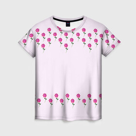 Женская футболка 3D с принтом розовые цветы | pink flowers , 100% полиэфир ( синтетическое хлопкоподобное полотно) | прямой крой, круглый вырез горловины, длина до линии бедер | flower | green | pink | зеленый | розовые | цветок | цветы