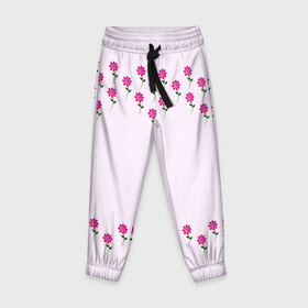 Детские брюки 3D с принтом розовые цветы | pink flowers , 100% полиэстер | манжеты по низу, эластичный пояс регулируется шнурком, по бокам два кармана без застежек, внутренняя часть кармана из мелкой сетки | flower | green | pink | зеленый | розовые | цветок | цветы
