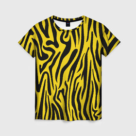 Женская футболка 3D с принтом Тигровые полоски , 100% полиэфир ( синтетическое хлопкоподобное полотно) | прямой крой, круглый вырез горловины, длина до линии бедер | абстракция | зоопринт | орнамент | полоски | полосы | пчелиный | тигровый