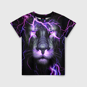 Детская футболка 3D с принтом НЕОНОВЫЙ ЛЕВ  NEON LION , 100% гипоаллергенный полиэфир | прямой крой, круглый вырез горловины, длина до линии бедер, чуть спущенное плечо, ткань немного тянется | lion | neon | голова | гроза | дикая кошка | животные | кот | кошка | лев | молния | неон | тигр | хищник