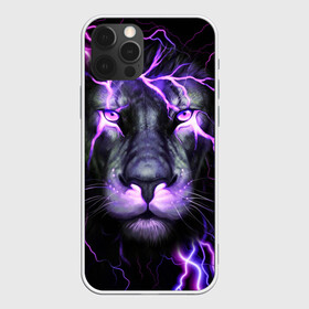 Чехол для iPhone 12 Pro с принтом НЕОНОВЫЙ ЛЕВ  NEON LION , силикон | область печати: задняя сторона чехла, без боковых панелей | Тематика изображения на принте: lion | neon | голова | гроза | дикая кошка | животные | кот | кошка | лев | молния | неон | тигр | хищник
