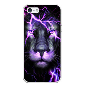 Чехол для iPhone 5/5S матовый с принтом НЕОНОВЫЙ ЛЕВ  NEON LION , Силикон | Область печати: задняя сторона чехла, без боковых панелей | lion | neon | голова | гроза | дикая кошка | животные | кот | кошка | лев | молния | неон | тигр | хищник
