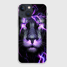 Чехол для iPhone 13 mini с принтом НЕОНОВЫЙ ЛЕВ  NEON LION ,  |  | lion | neon | голова | гроза | дикая кошка | животные | кот | кошка | лев | молния | неон | тигр | хищник