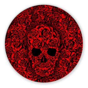 Коврик для мышки круглый с принтом ЦВЕТОЧНЫЙ ЧЕРЕП , резина и полиэстер | круглая форма, изображение наносится на всю лицевую часть | death | flowers | horror | metal | red | rose | roses | skull | арт | зомби | кости | красный | розы | скелет | цветы | череп | черный