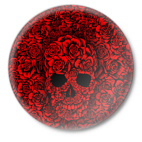 Значок с принтом ЦВЕТОЧНЫЙ ЧЕРЕП ,  металл | круглая форма, металлическая застежка в виде булавки | death | flowers | horror | metal | red | rose | roses | skull | арт | зомби | кости | красный | розы | скелет | цветы | череп | черный
