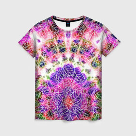 Женская футболка 3D с принтом Тай-дай , 100% полиэфир ( синтетическое хлопкоподобное полотно) | прямой крой, круглый вырез горловины, длина до линии бедер | батик | листья | палитра | роспись | тай дай | текстура | узоры | хиппи