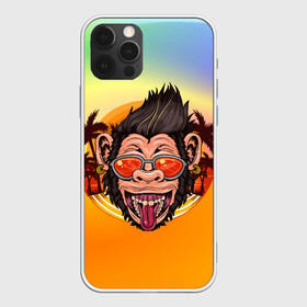Чехол для iPhone 12 Pro с принтом Веселая обезьяна в очках , силикон | область печати: задняя сторона чехла, без боковых панелей | закат | лето | обезьяна | очки | пальмы | побережье