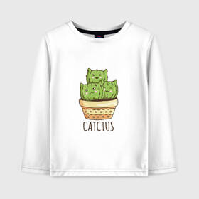 Детский лонгслив хлопок с принтом Котики Кактусы Catctus , 100% хлопок | круглый вырез горловины, полуприлегающий силуэт, длина до линии бедер | cactus | cat | cats | cute cactus | english words | kitten | kitty | puss | pussy | pussycat | кактус в горшке | киски | кисы | котёнок | котики | коты в виде кактусов | коты кактусы | котята | котята кактусы | котятки | кошечки | кошка | мил