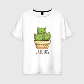 Женская футболка хлопок Oversize с принтом Котики Кактусы Catctus , 100% хлопок | свободный крой, круглый ворот, спущенный рукав, длина до линии бедер
 | cactus | cat | cats | cute cactus | english words | kitten | kitty | puss | pussy | pussycat | кактус в горшке | киски | кисы | котёнок | котики | коты в виде кактусов | коты кактусы | котята | котята кактусы | котятки | кошечки | кошка | мил