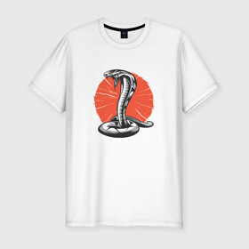 Мужская футболка хлопок Slim с принтом Японская Кобра | Japan Cobra , 92% хлопок, 8% лайкра | приталенный силуэт, круглый вырез ворота, длина до линии бедра, короткий рукав | art | asp | aspid | cobra kai | japanese | poison | poisoned | red sun | snake | vemonous | venom | viper | арт | вайпер | восходящее солнце | змея | иллюстрация | кобра кай | красное солнце | рисунок кобры | солнце | яд | яд